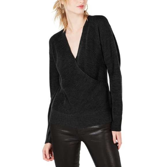 Bar III Sweaters - Bar III Black Ribbed Surplice Pullover Sweater